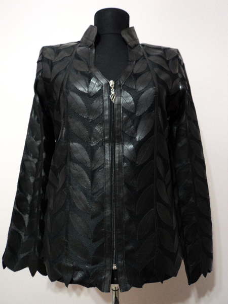 Black Leather Leaf Jacket for Women V Neck Design 08 Genuine Short Zip Up Light Lightweight [ Click to See Photos ]