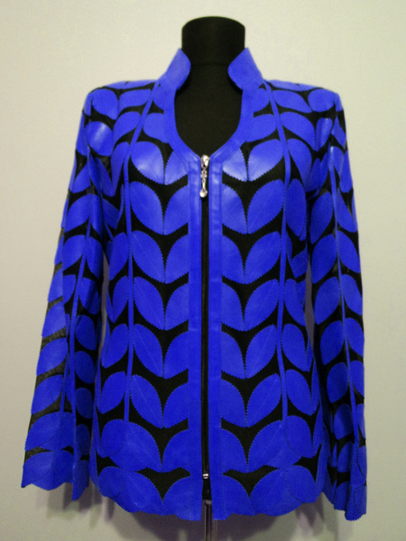 Blue Leather Leaf Jacket Women Design Genuine Short Zip Up Light Lightweight