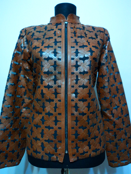 Brown Leather Leaf Jacket for Women Design 06 Genuine Short Zip Up Light Lightweight