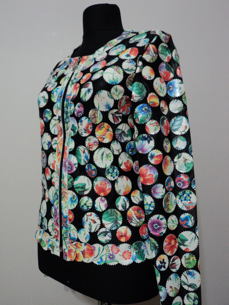 Flower Pattern Beige Leather Leaf Jacket for Women Design 07 Genuine Short Zip Up Light Lightweight