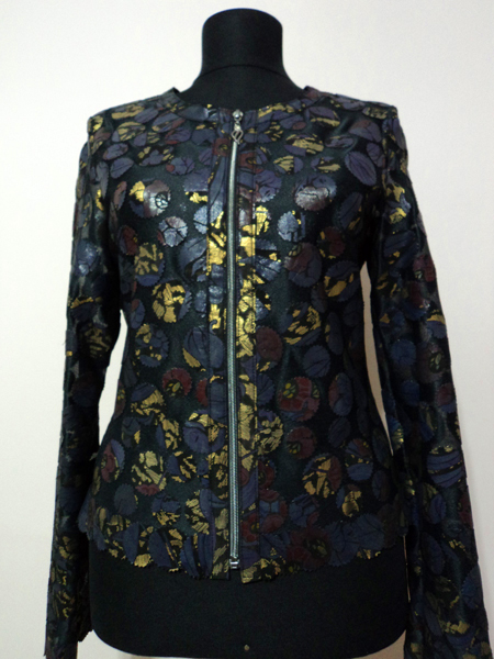 Gold Spotted Navy Blue Leather Leaf Jacket for Women Design 07 Genuine Short Zip Up Light Lightweight