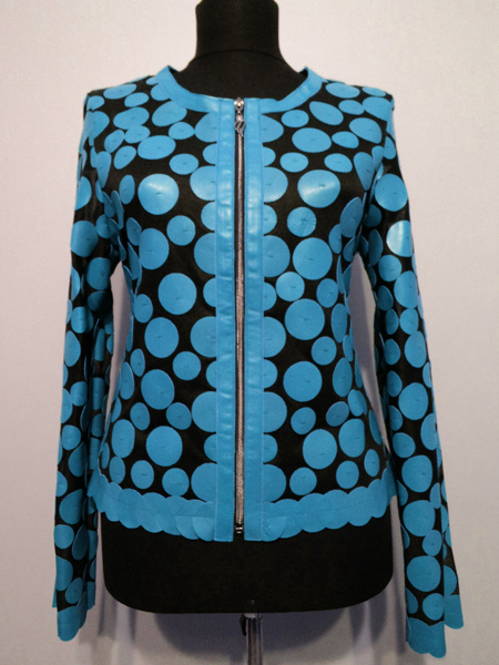 Light Blue Leather Leaf Jacket for Women Design 07 Genuine Short Zip Up Light Lightweight [ Click to See Photos ]