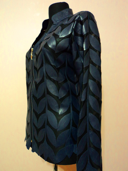 Navy Blue Leather Leaf Jacket for Women V Neck Design 08 Genuine Short Zip Up Light Lightweight