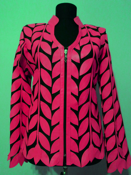 Pink Leather Leaf Jacket for Women V Neck Design 08 Genuine Short Zip Up Light Lightweight [ Click to See Photos ]