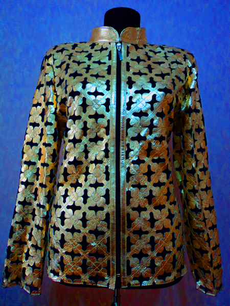Plus Size Gold Leather Leaf Jacket for Women Design 06 Genuine Short Zip Up Light Lightweight