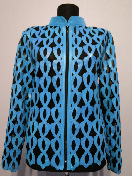 Plus Size Ice Baby Blue Leather Leaf Jacket for Women Design 05 Genuine Short Zip Up Light Lightweight