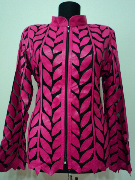 Plus Size Pink Leather Leaf Jacket for Women Design 04 Genuine Short Zip Up Light Lightweight