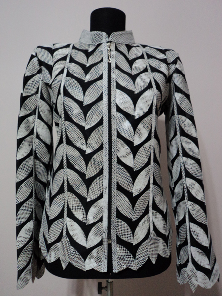 White snake Pattern Leather Leaf Jacket for Women Design 04 Genuine Short Zip Up Light Lightweight