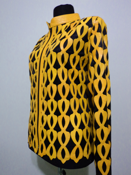 Yellow Leather Leaf Jacket for Women Design 05 Genuine Short Zip Up Light Lightweight