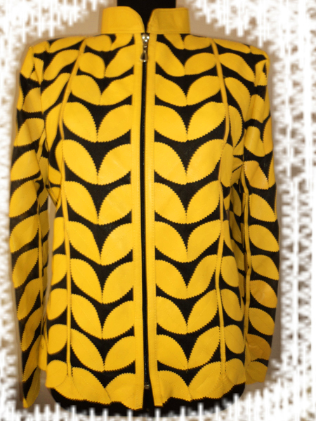 Yellow Leather Leaf Jacket Women Design Genuine Short Zip Up Light Lightweight