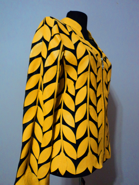 Yellow Leather Leaf Jacket for Women V Neck Design 08 Genuine Short Zip Up Light Lightweight